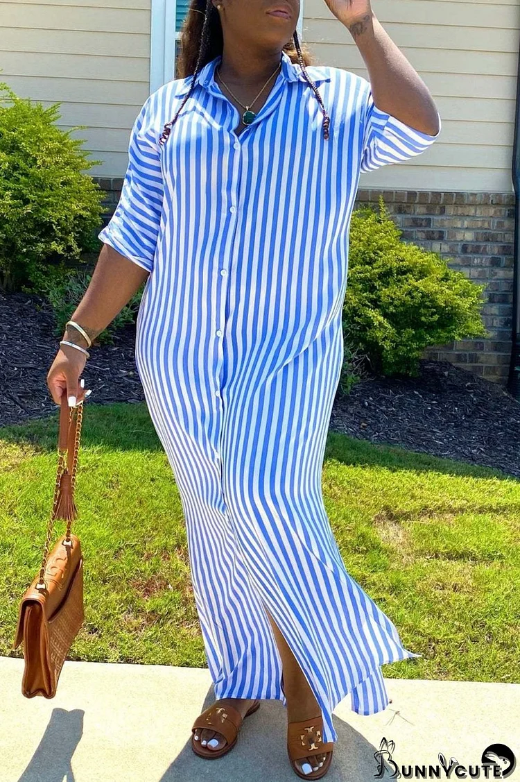 Blue Casual Striped Print Turndown Collar Shirt Dress Dresses