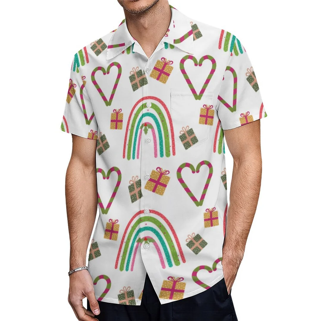 Christmas Rainbow Candy Canes Heart Hawaiian Shirt Mens Button Down Plus Size Tropical Hawaii Beach Shirts