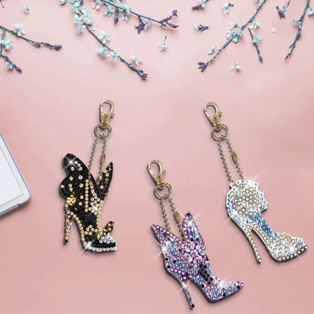 6pcs High Heels Diamond Art Keychains DIY Keychains Point Drill Key Ring(Double Side)