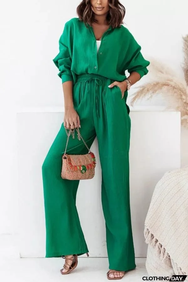 Michelle Cotton Blend Loose Solid Color Shirt Pants Suit