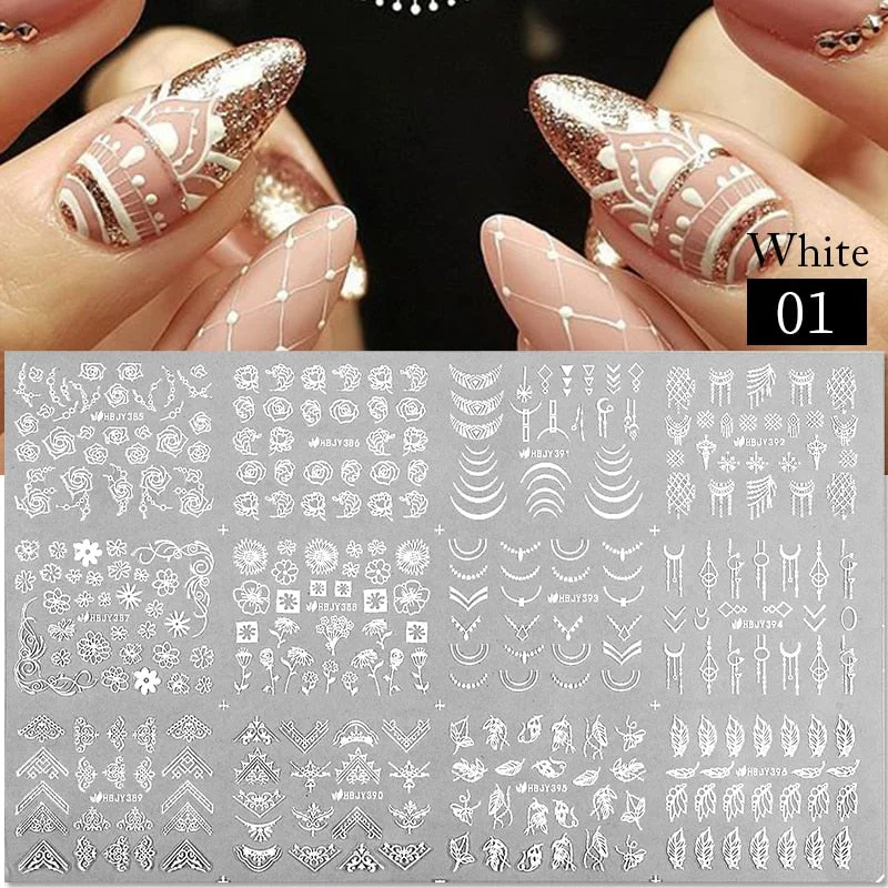 12pcs Flower Leaf Lace 3D Stickers for Nail Decals Mandala Flowers White Black Slider Manicure DIY Nail Art Decoration Tools