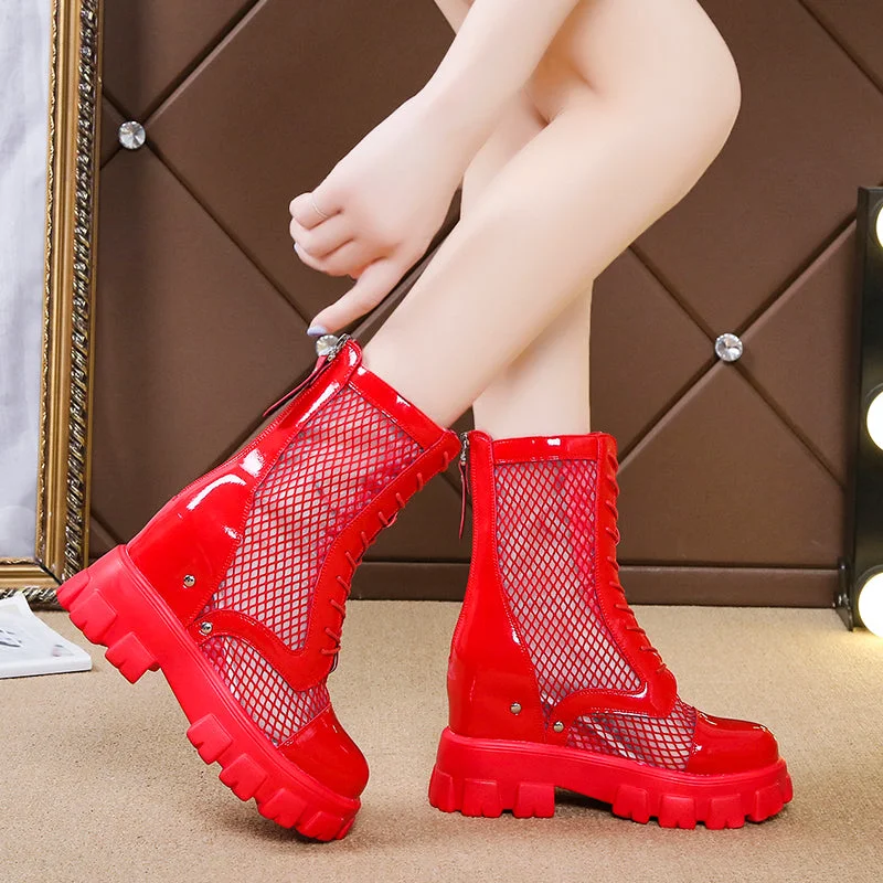 Chunky Platform Ankle Boots For Women Breathable Mesh Summer Shoes Woman Thick Sole Height Increasing Short Botas Mujer