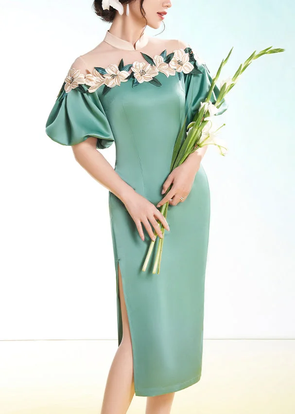 Top Quality Green Embroideried Side Open Silk Dress Puff Sleeve