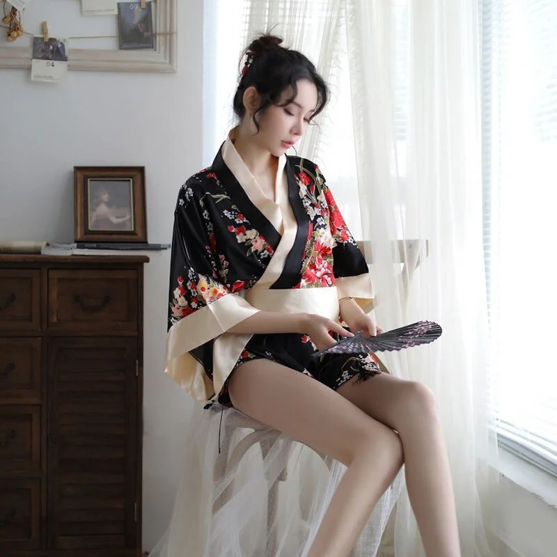 Billionm Women Sexy Sakura Kimono Lovely Japanese Uniform Robe Floral Bathrobe Short Robe Night Bathrobe Fashion Dressing Gown
