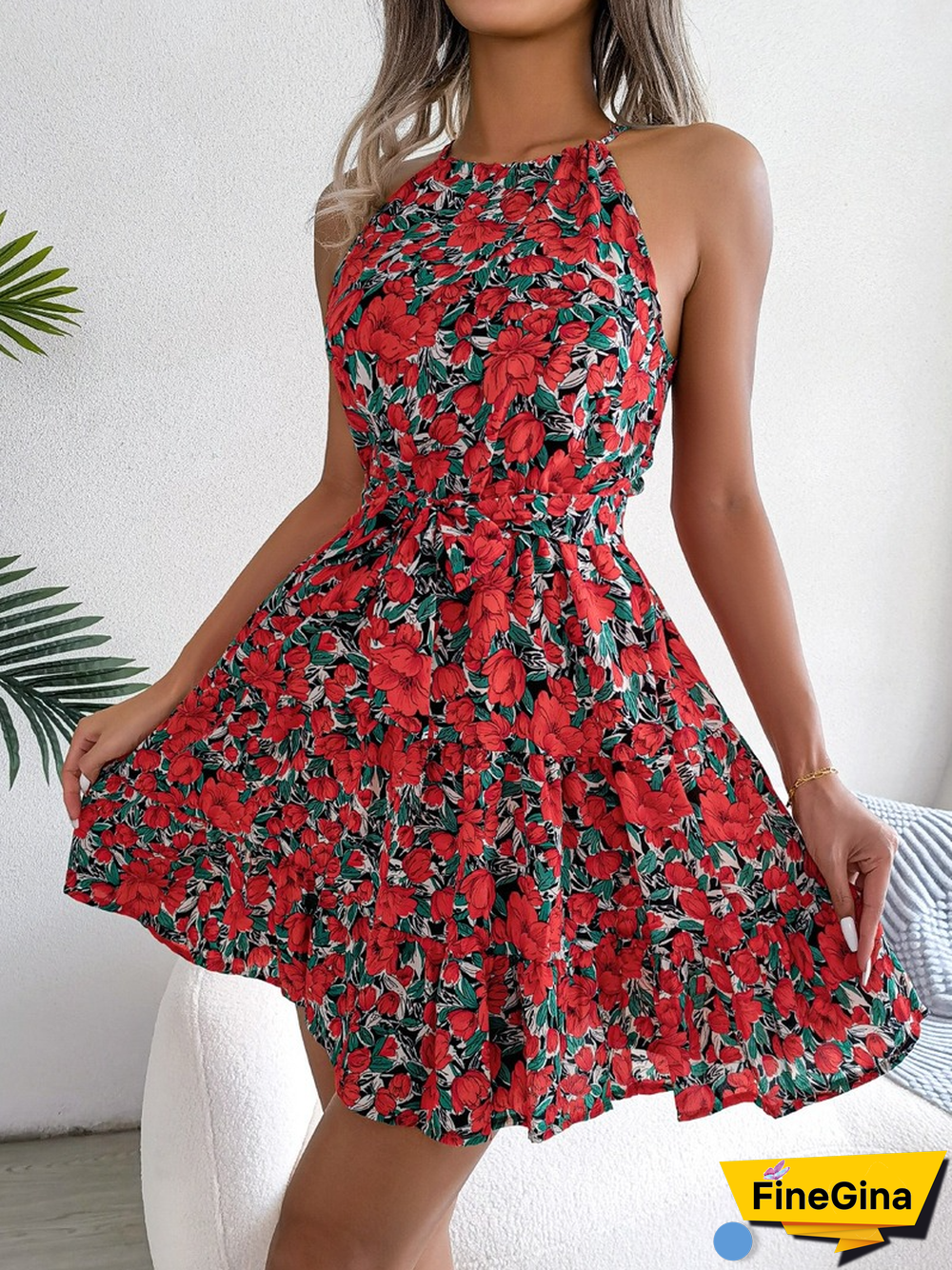 Elegant Floral Print Halter Dress For Women Summer Dresses New Casual Lace-up Ruffled High Waist A-line Mini Dress