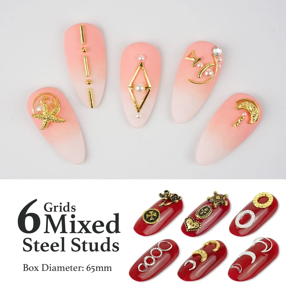 [Beautizon] 6 Grids Mixed Steel Studs Stars moons triangles Charms Nails DIY Accessories Nail Decoration Nail Art Rhinestones