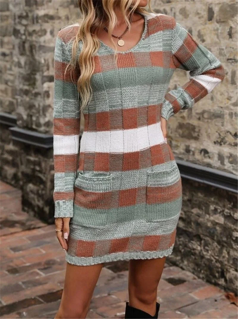 Athvotar Athvotar And Winter New V-Neck Color Double Pocket Knitted Sweater Dress