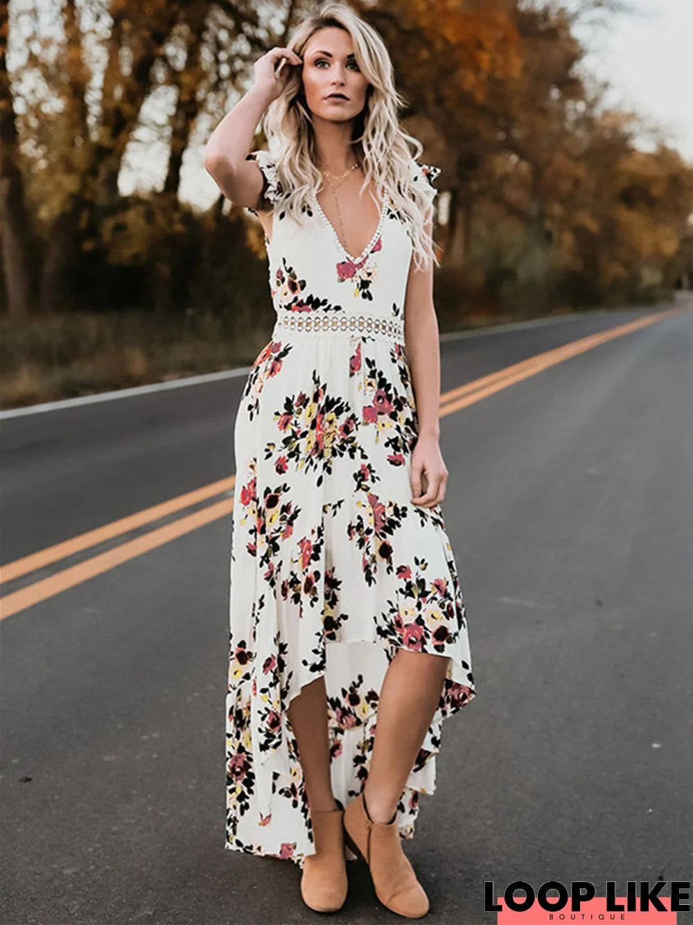 Irregular Sleeveless Printed Dress with A Backless Back