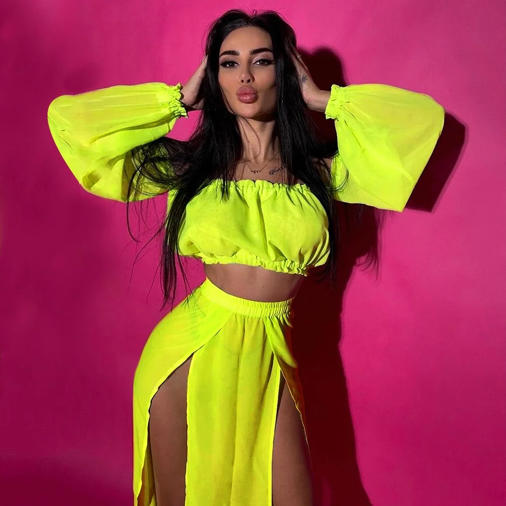 2020 New Solid Two Piece Tunic Cotton Beach Cover Up Swimsuit Women Folds Long Sleeve Pareo Sarong Beachwear Saida de Praia