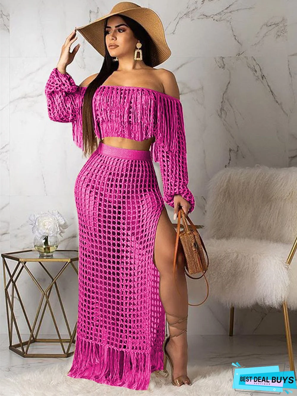 Women's Casual Mesh Fringed Beach Skirt 2-Piece Set