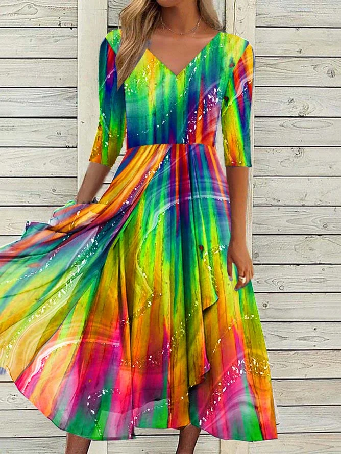 Women's Rainbow Stripe Print Maxi Dress