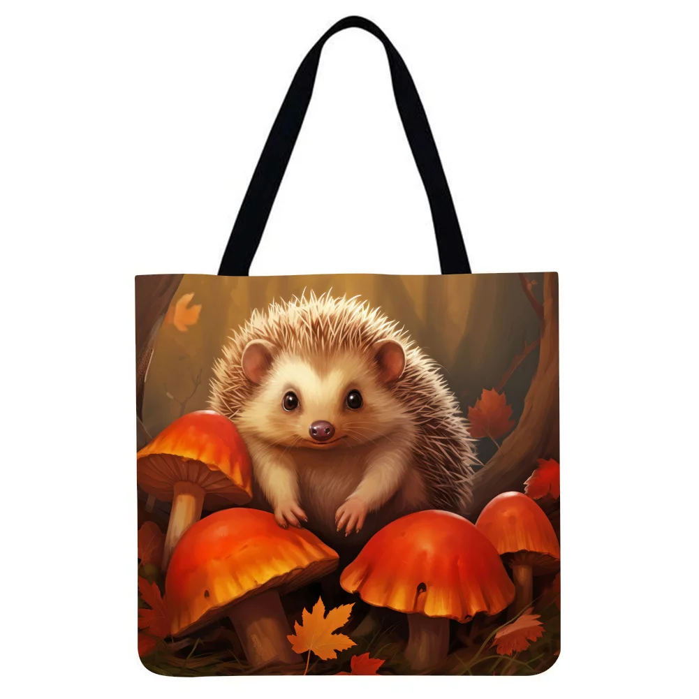 Linen Tote Bag - Mushrooms Surround Hedgehog