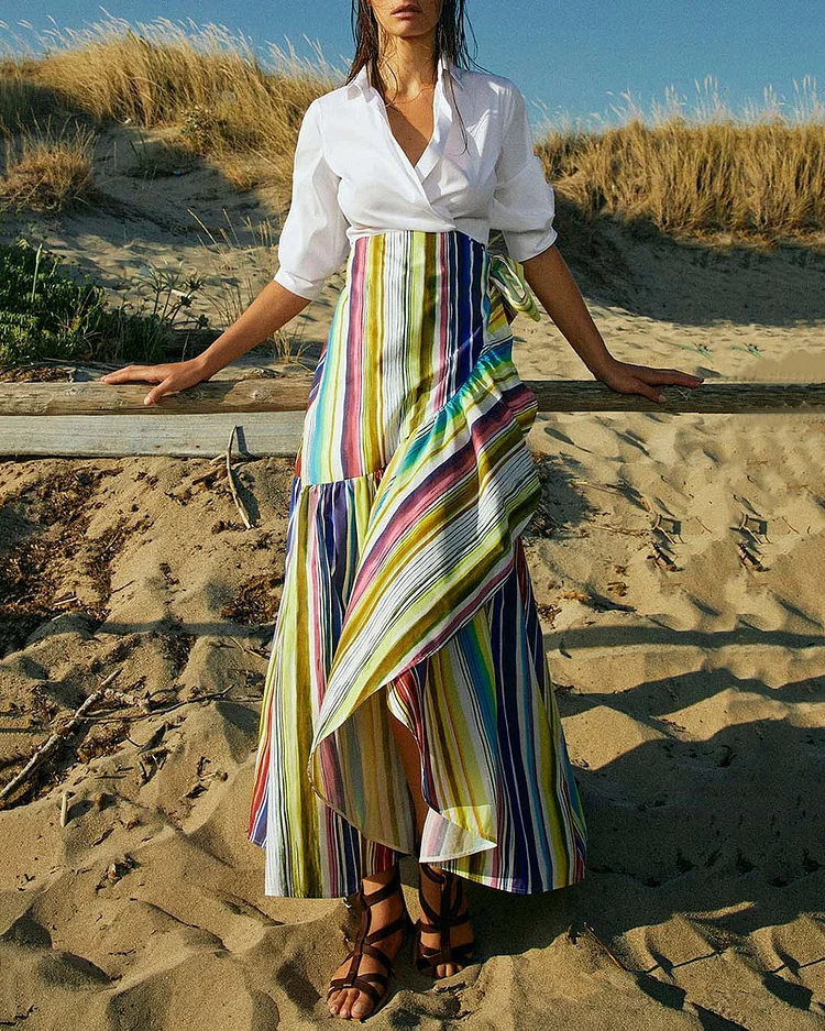 Elegant Colorblock Striped Shirt Dress