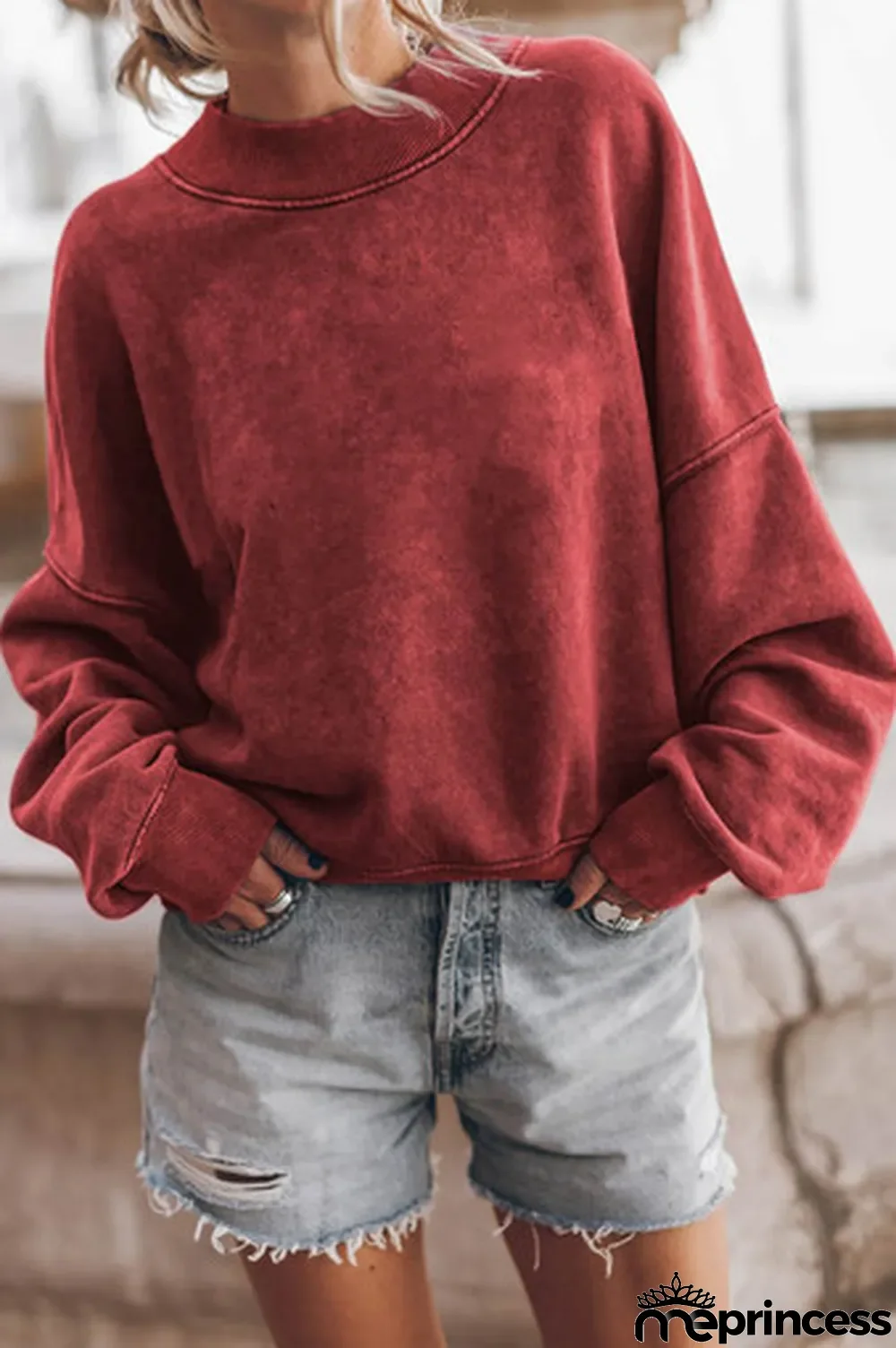 Red Dahlia Drop Shoulder Crew Neck Pullover Sweatshirt