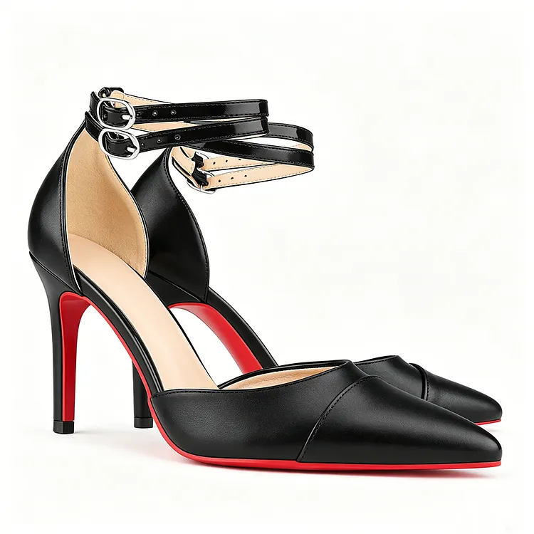 90mm Women&rsquo;s High Heels Double Ankle Strap Pointed Toe Heel Dress Wedding Party Pumps Red Bottom Matte Sandals VOCOSI VOCOSI