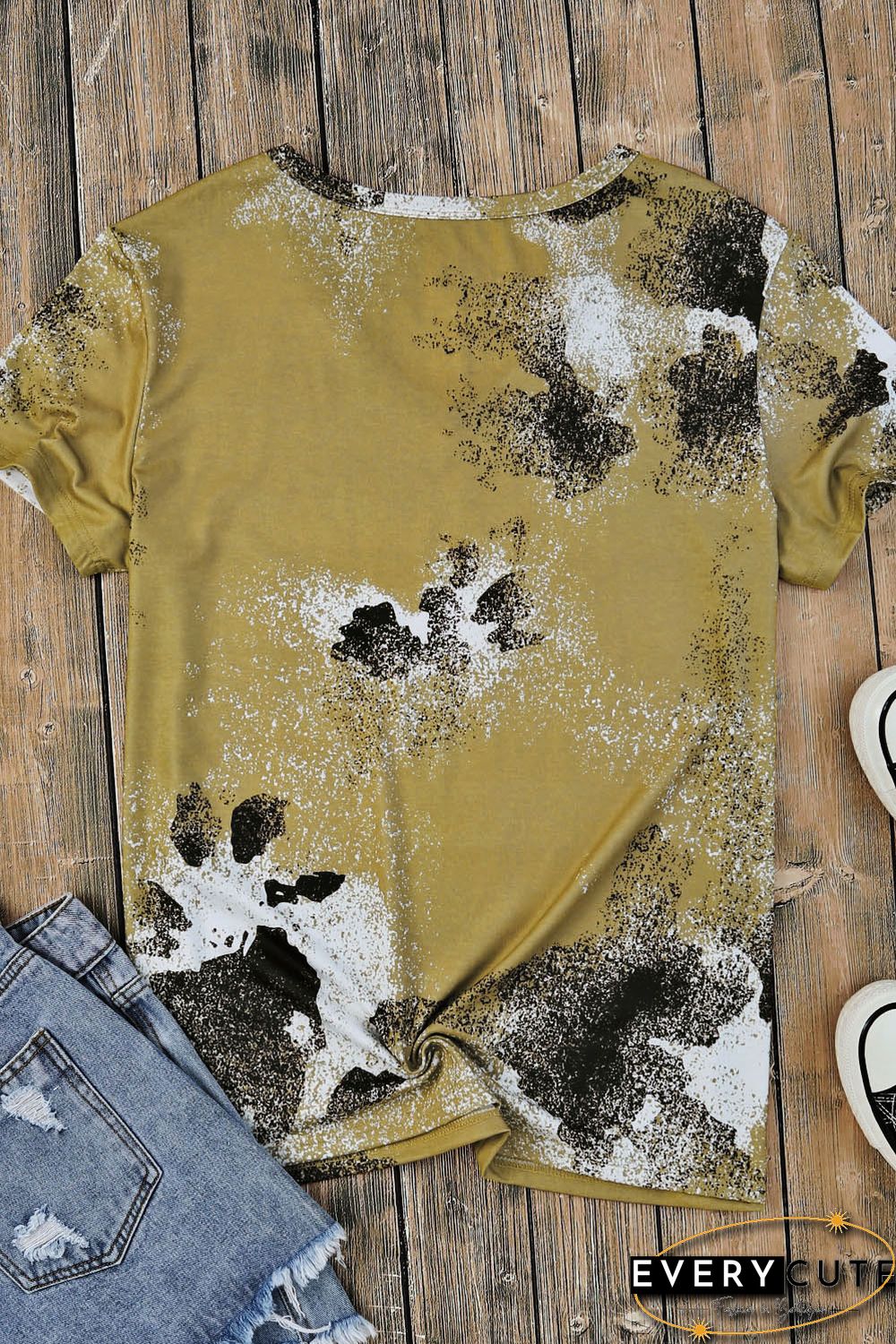 Brown Love Leopard Pumpkin Bleached Print V Neck Graphic Tee