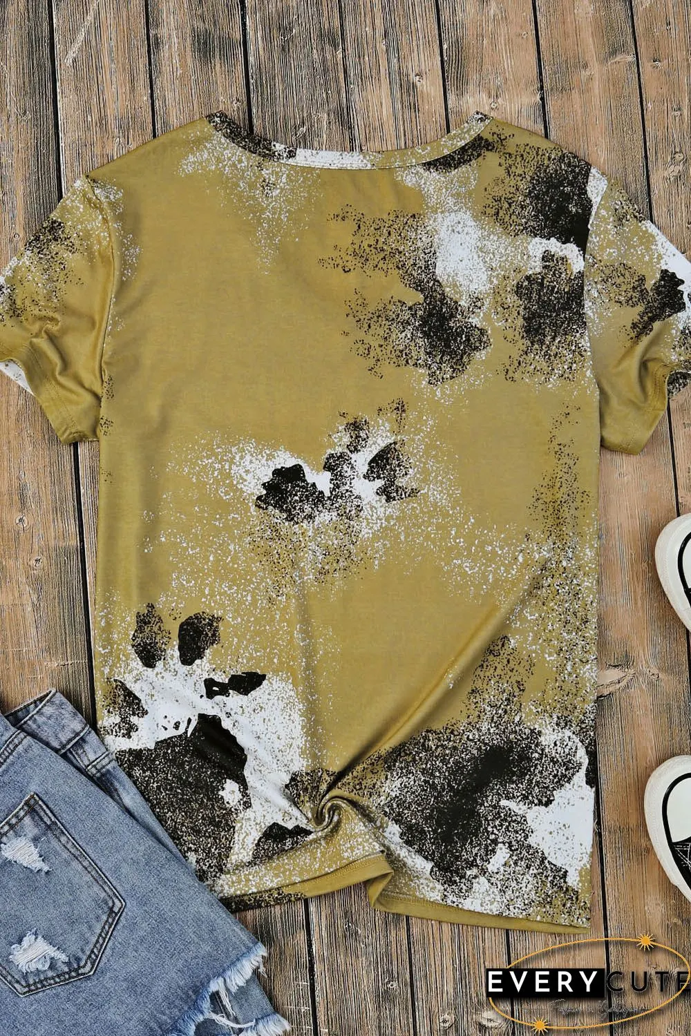 Brown Love Leopard Pumpkin Bleached Print V Neck Graphic Tee