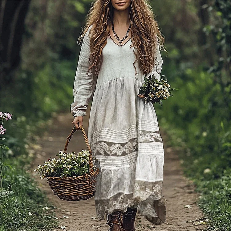 Vintage Floral Lace Flowy Linen Blend Maxi Dress