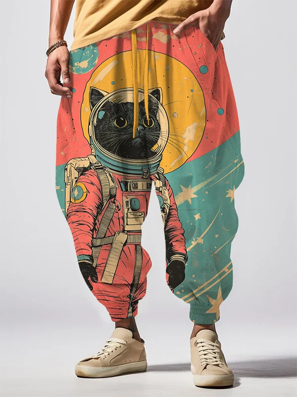 Men's Black Cat Astronaut Color Block Art Print Loose Drawstring Waist Sweatpants