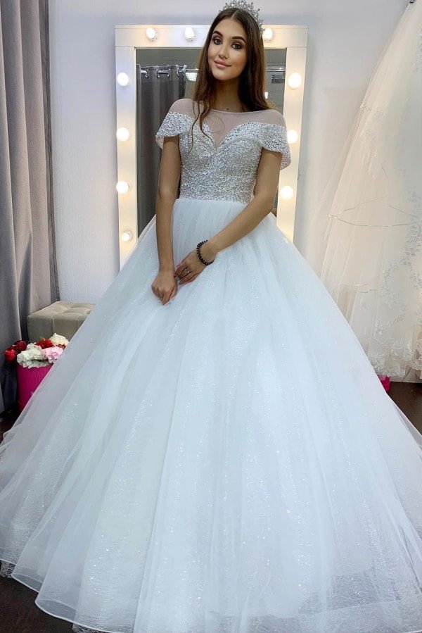 Elegant A-Line Bateau Crystal Train Wedding With Dress Sequins Tulle