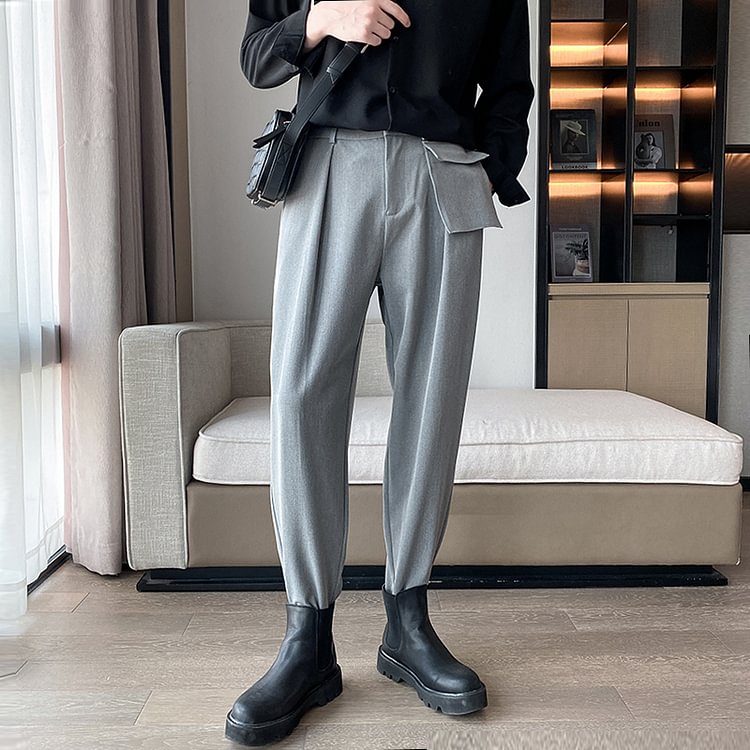 Dawfashion-Gray Drape Casual Small Feet Suit Pants-Yamamoto Diablo Clothing