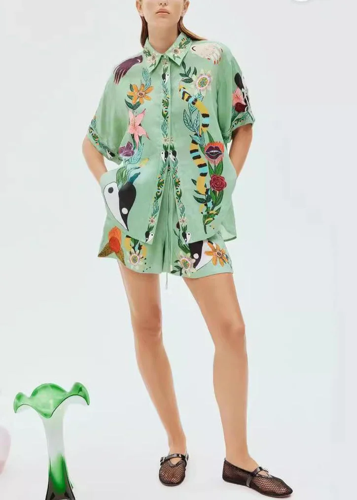 Bohemian Green Print Elastic Waist Shirts And Shorts Linen Two Piece Set Summer