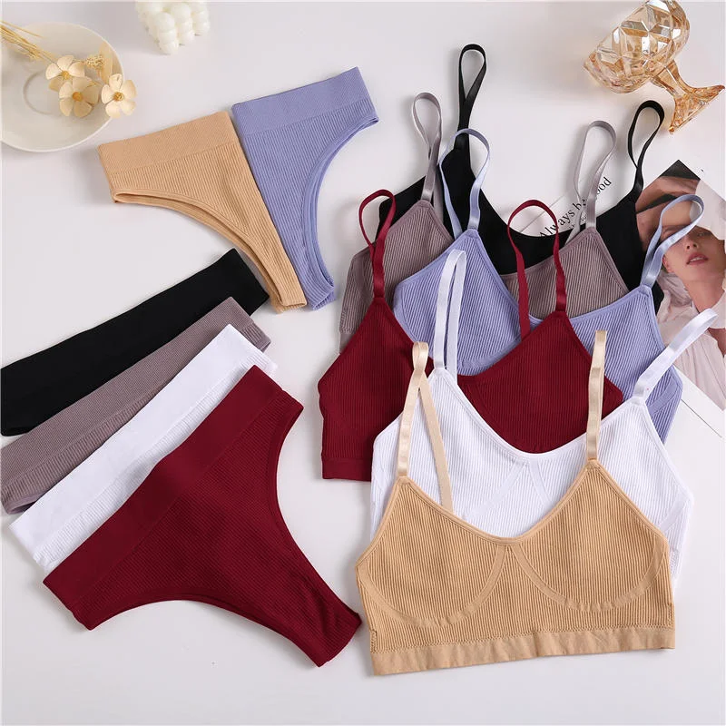 FINETOO Seamless Bra Set Women Underwear Sexy Crop Top Suit Bralette Female Lingerie Basic Stretchy Ribbed Tank Tops S-XL