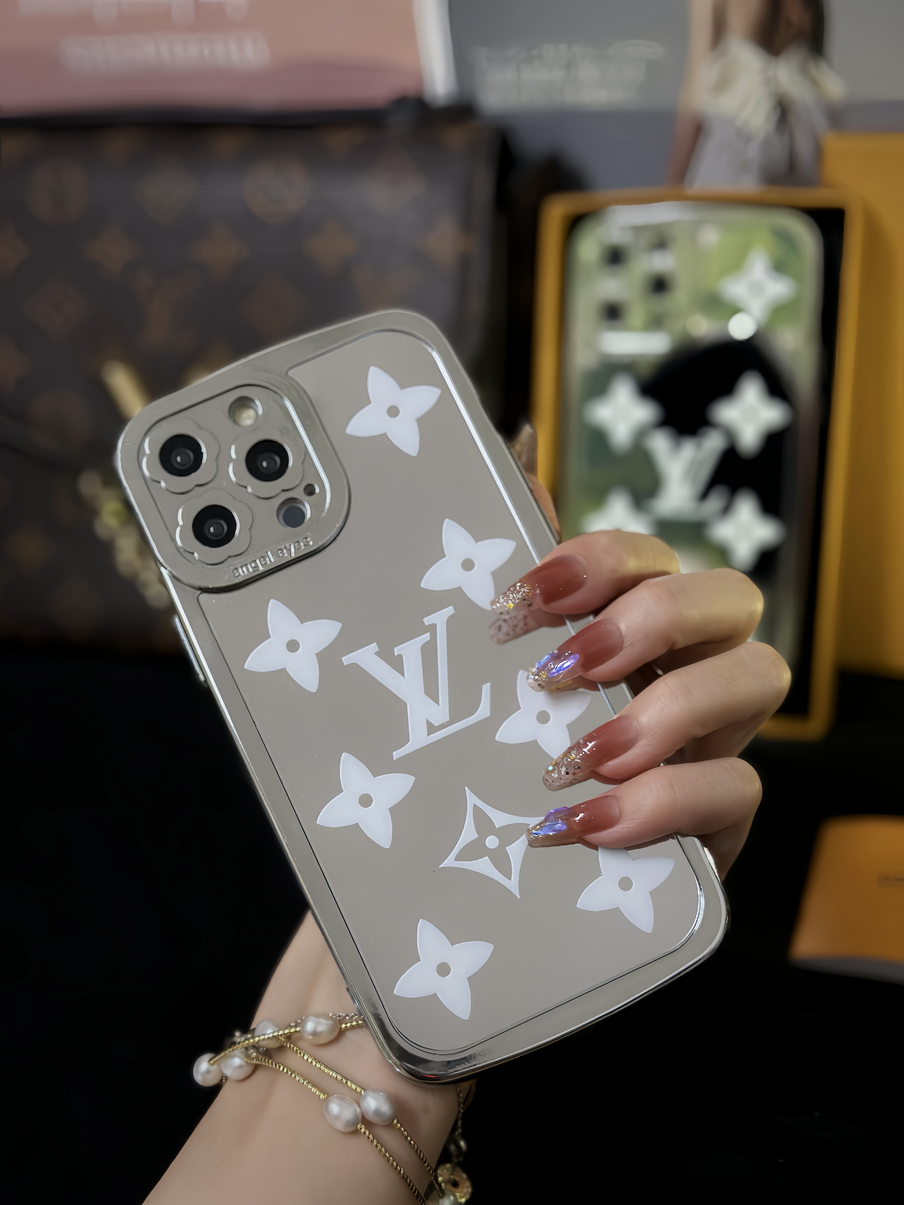 Electroplated Mirror LV Large Monogram Apple Drop Protection iPhone Case
