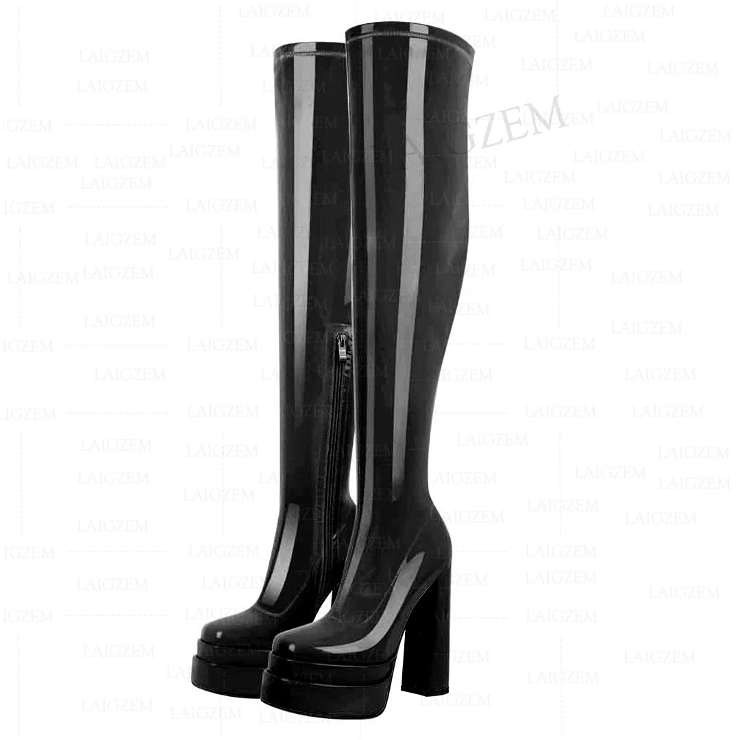 VCSHOES Women Over Knee High Boots Elastic Platform Side Zip Block High Heels Ladies Shiny Shoes Woman Plus Size 38 41 44 46