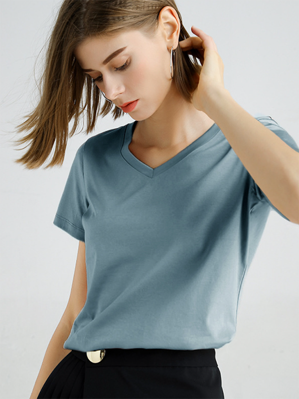 Simple Loose Short Sleeves Solid Color V-Neck T-Shirts Tops
