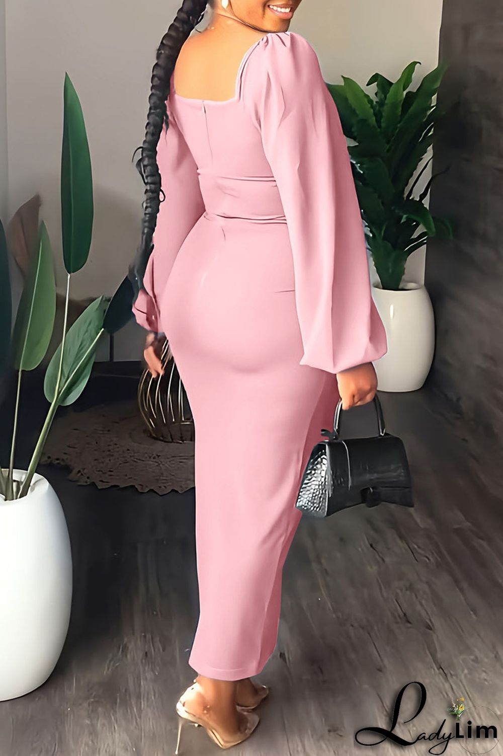 Yellow Fashion Casual Solid Slit Square Collar Long Sleeve Dresses