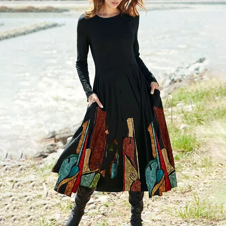 Casual Crew Neck Pocket Paneled A-Line Midi Dress
