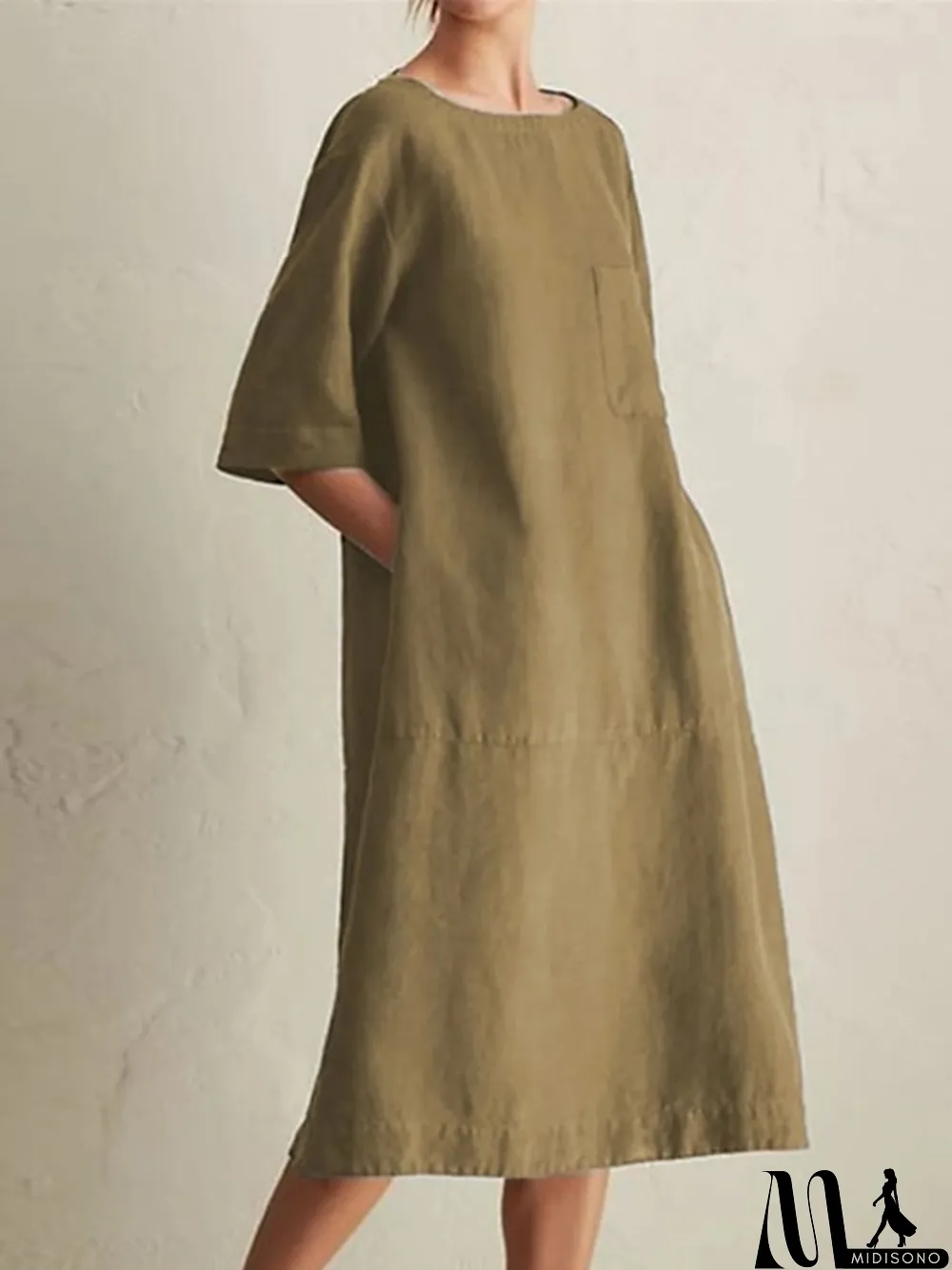 MidiSono - Women's Cotton Linen Dress Casual Dress Shift Dress Maxi long Dress Cotton Blend Casual Daily Holiday Vacation Crew Neck Pocket Contrast Stitching Half Sleeve Summer Spring Loose Fit Black Wine