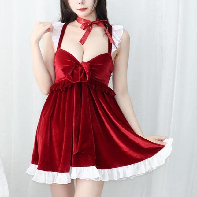 Chrismas Red Ruffle Velvet Bowknot Suspender Dress SP16858