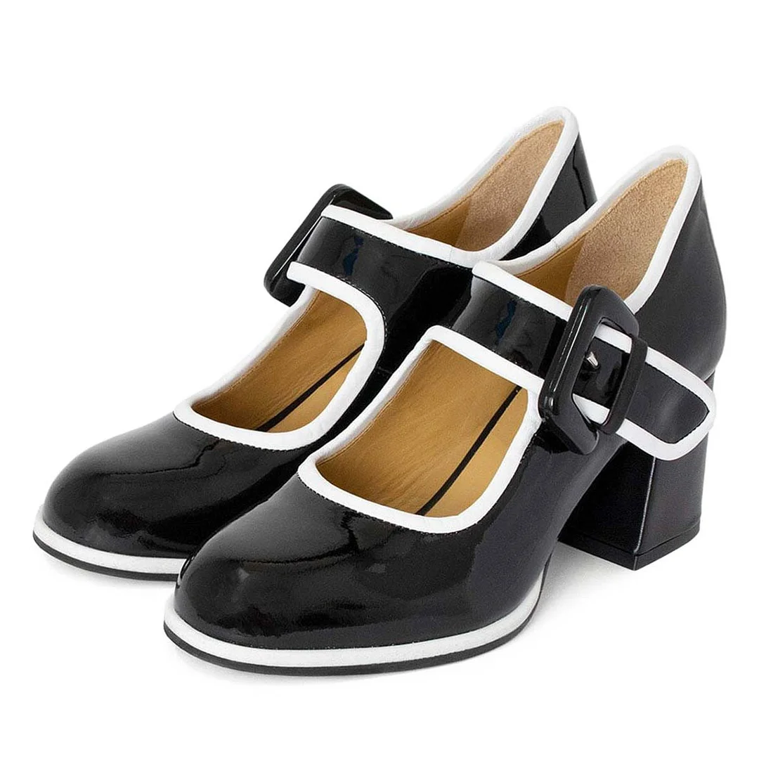 Classic Black Mid Block Heel Buckled Mary Jane Shoes for Women