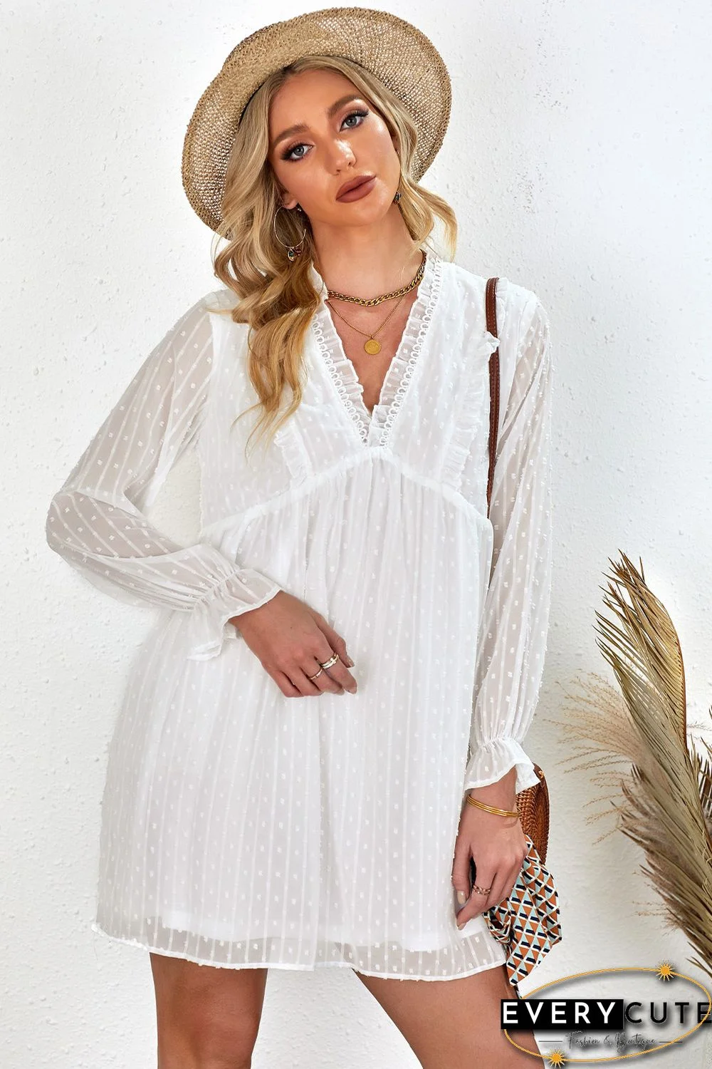 White Swiss Dot Ruffle V Neck Mini Dress