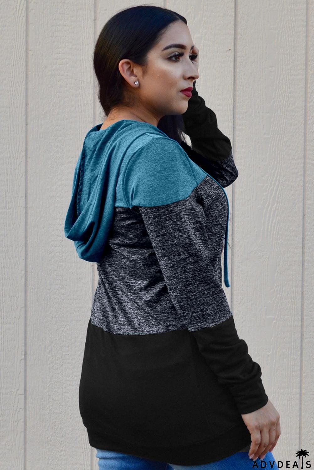 Sky Blue Black Color Block Long Sleeve Pullover Knit Hoodie