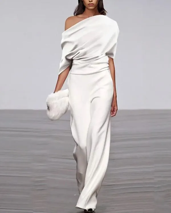 Wrap Top Off Shoulder Wide Leg Jumpsuit