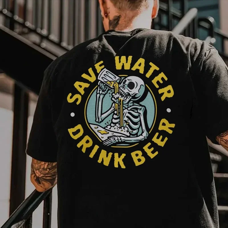 SAVE WATER DRINK BEER Skull Black Print T-shirt