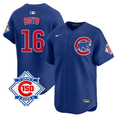 Men's Chicago Cubs #16 Matthew Boyd Royal Nike Alternate Vapor Limited 150th Anniversary Authentic Lettering Jersey