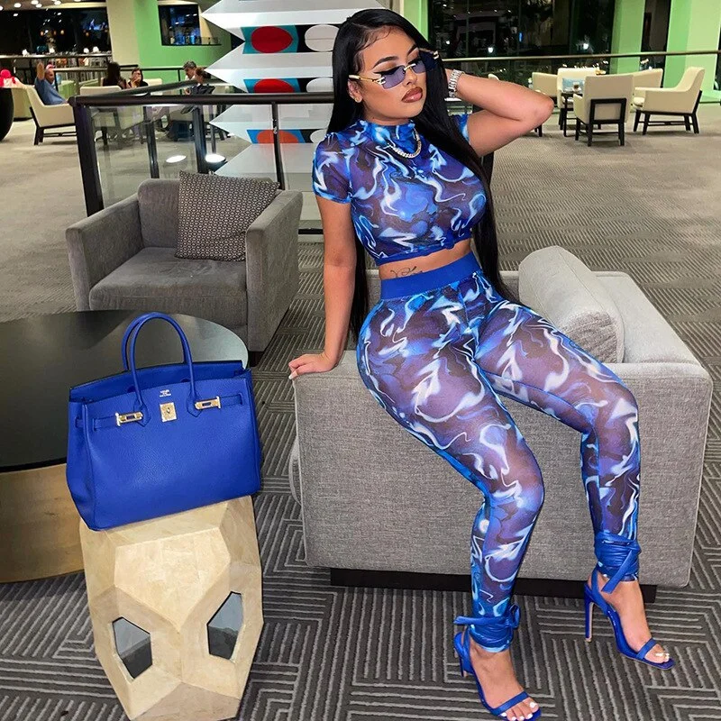Churchf Mesh Leggings and Crop Top Sexy Two Piece Pants Sets Summer Outfits for Women 2023 Club Wear Matching Sets D85-CZ16-Outfit Ideas