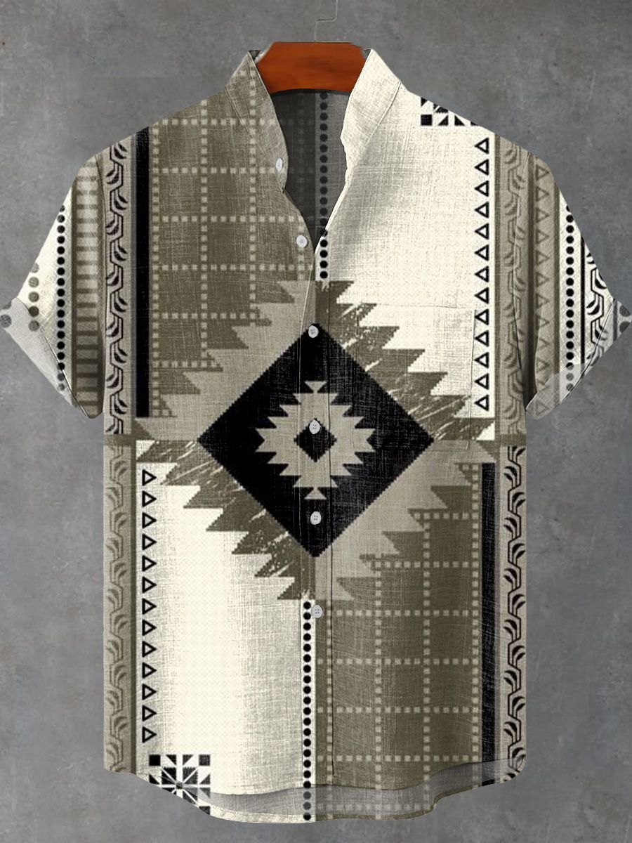Vintage Ethnic Diamond Geometric Plaid Art Print Casual 100% Cotton Shirt