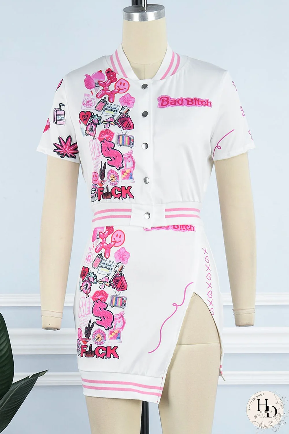 Black Sexy Print Patchwork Buckle Slit Short Sleeve Two Pieces