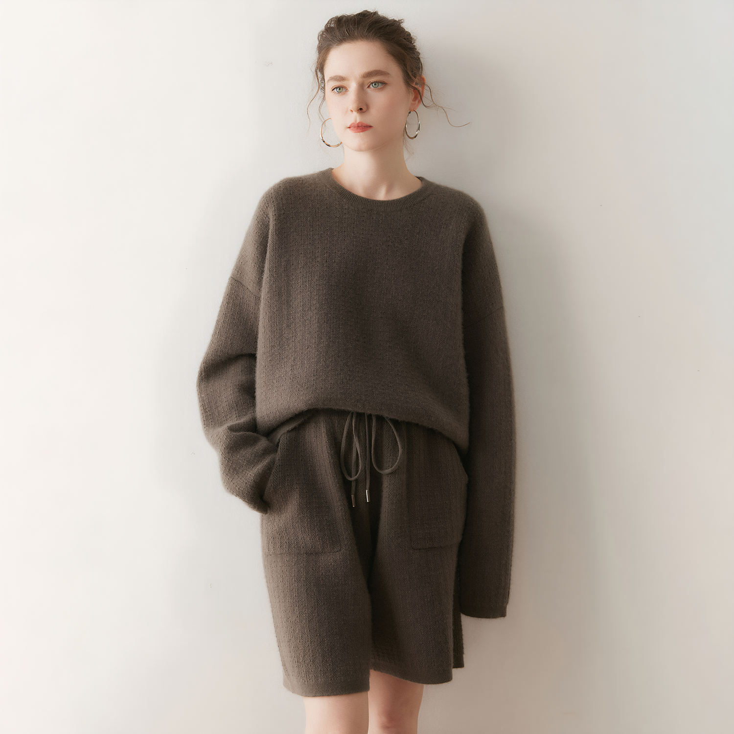 Women's Relaxed Fit Cashmere Knit Crewneck Sweater and Shorts Set REAL SILK LIFE