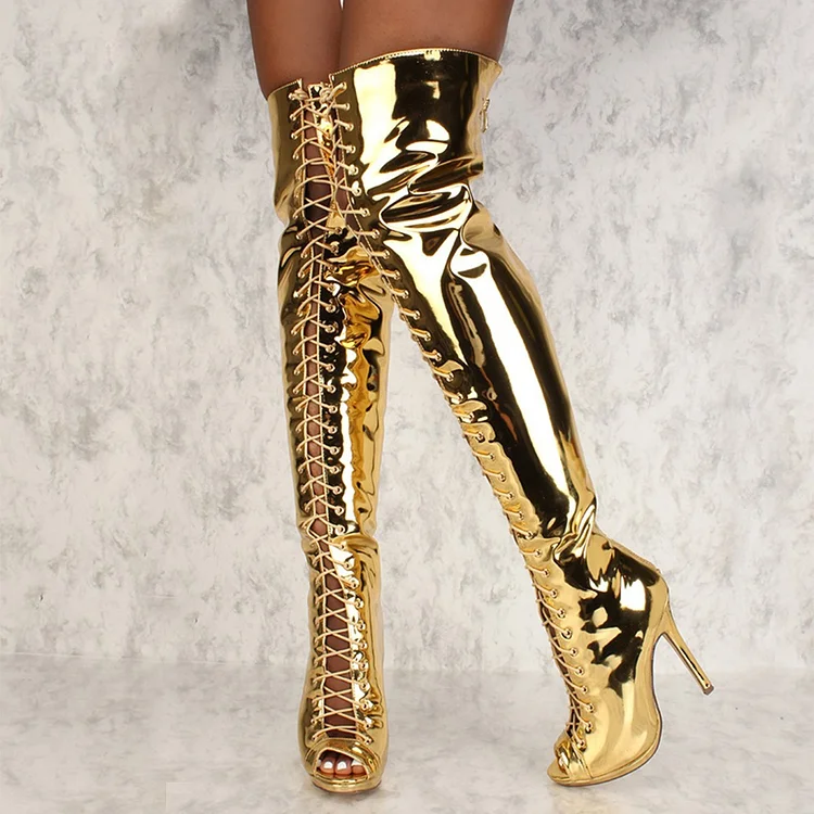 Gold Metallic Peep Toe Stiletto Heels Party Lace Up Thigh High Boots |FSJ Shoes