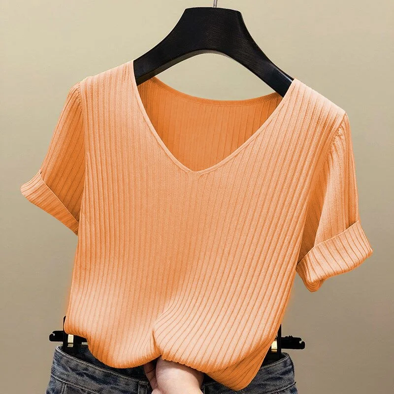 Knitted Short Sleeve Blouse Women Tops 2021 Solid Korea Summer Shirt Thin V-neck Knit Female Tee Shirt Dames Gebreid Shirt 13783