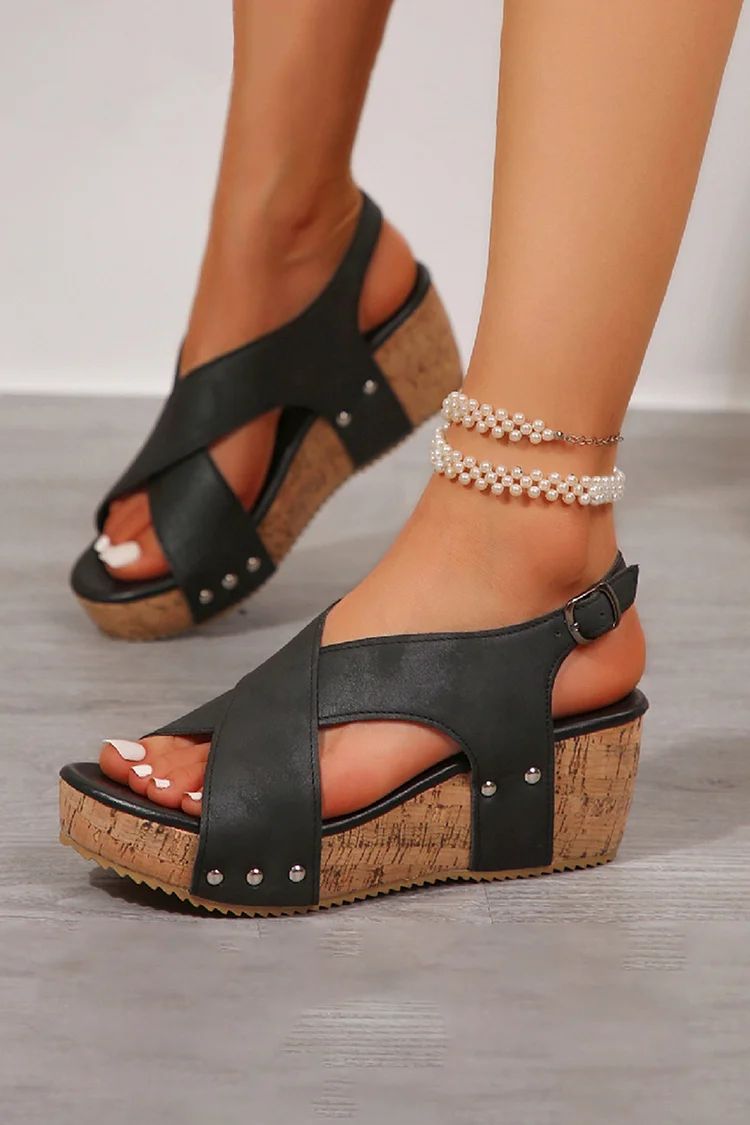 Solid Color Cross Strap Buckle Peep Toe Casual Wedge Sandals