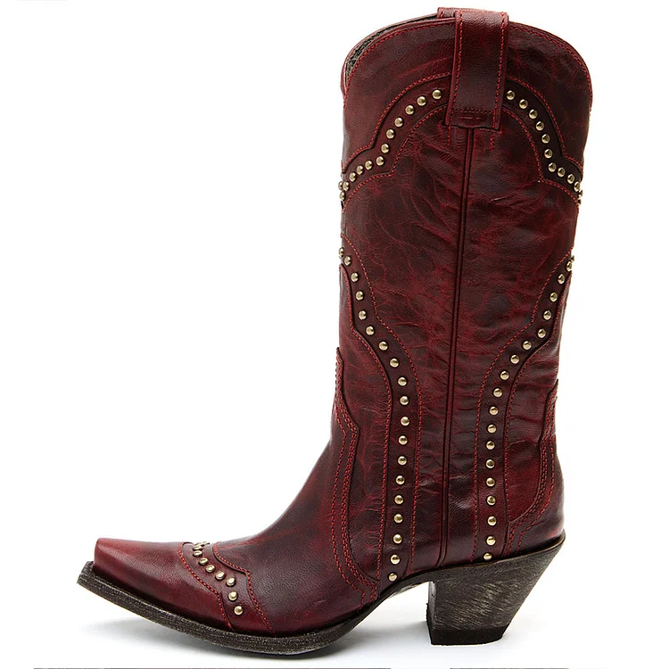 Vintage Maroon Studded Chunky Heel Mid-Calf Western Boots for Women |FSJ Shoes