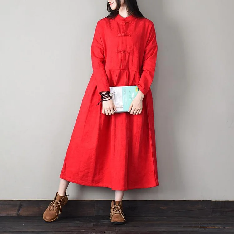 Women stand collar cotton spring clothes For Women Sleeve red cotton Dresses
