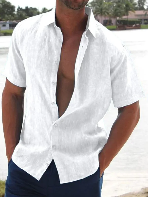 Men's Casual Plain Single Breasted Short Sleeve Turndown Collar Shirt